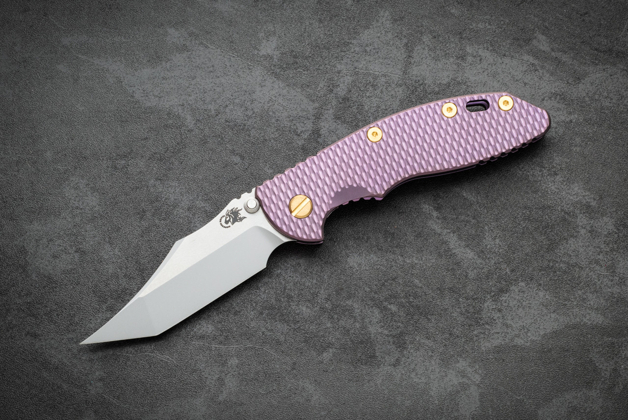 Rick Hinderer Knives XM-18 3.5" Aggressor Non-Flipper MagnaCut 2-Tone Blade w/ Bead Blast Purple Frame Lock and Textured Titanium Handle
