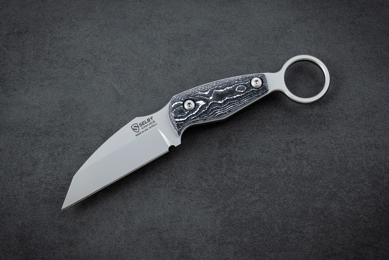Selby Knives Toothpick Karambit Fixed Blade Stonewash w/ White FatCarbon Handle and Sheath