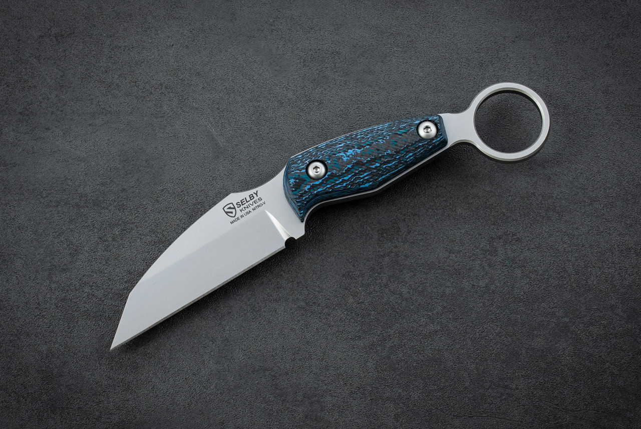 Selby Knives Toothpick Karambit Fixed Blade Stonewash w/ Blue FatCarbon Handle and Sheath