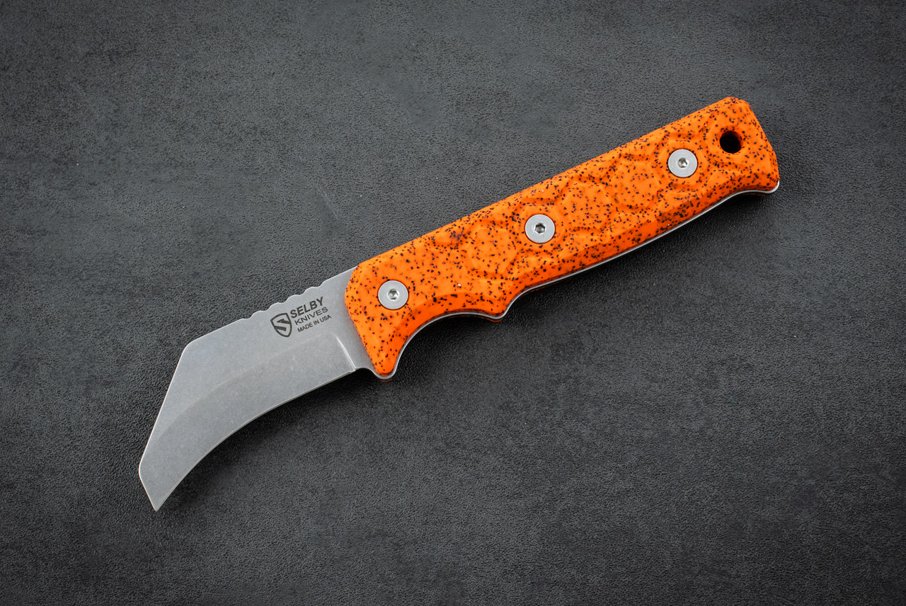 Selby Knives Lineman Skinner Fixed Blade Stonewash w/ Orange Grip-Tec™ GripX Handle and Sheath