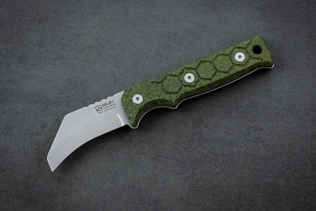 Selby Knives Lineman Skinner Fixed Blade MagnaCut Stonewash w/ Green Grip-Tec™ GripX Handle and Sheath