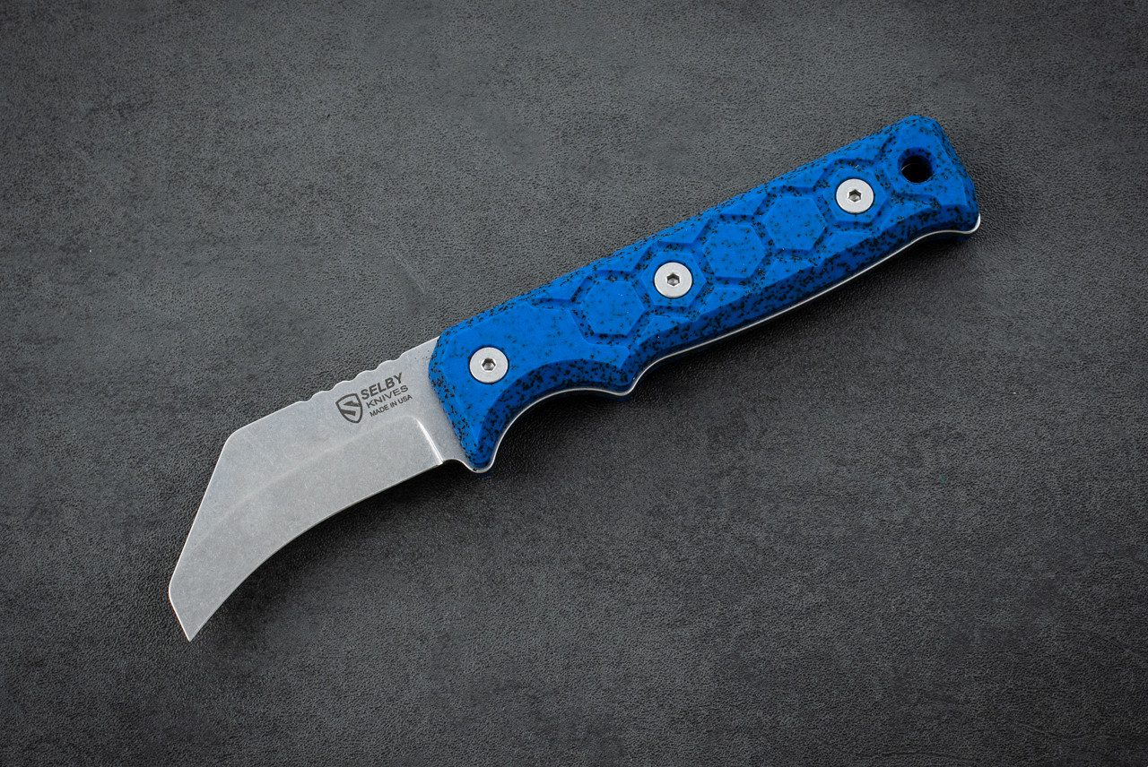 Selby Knives Lineman Skinner Fixed Blade MagnaCut Stonewash w/ Blue Grip-Tec™ GripX Handle and Sheath