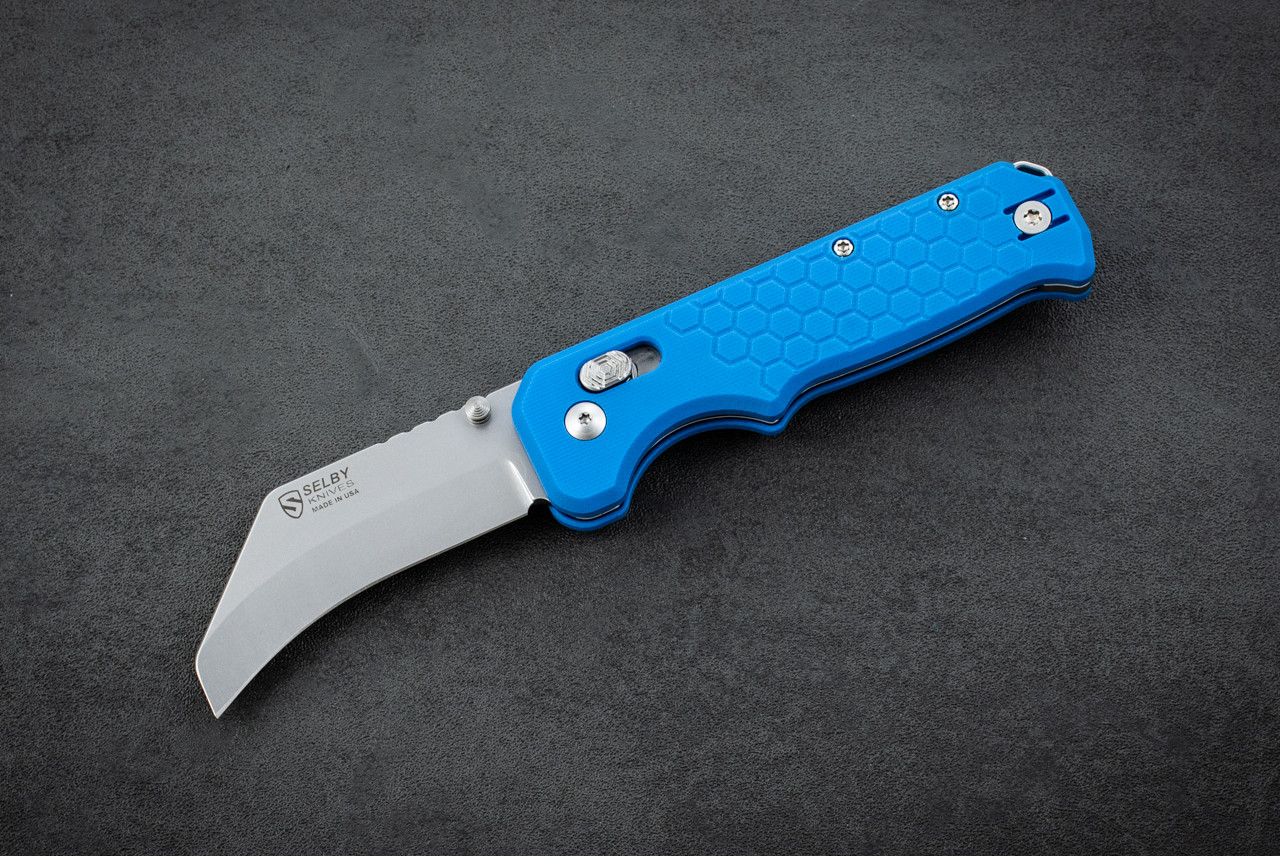 Selby Knives Lineman Folder Crossbar Lock MagnaCut Stonewash w/ Blue G-10 Handle