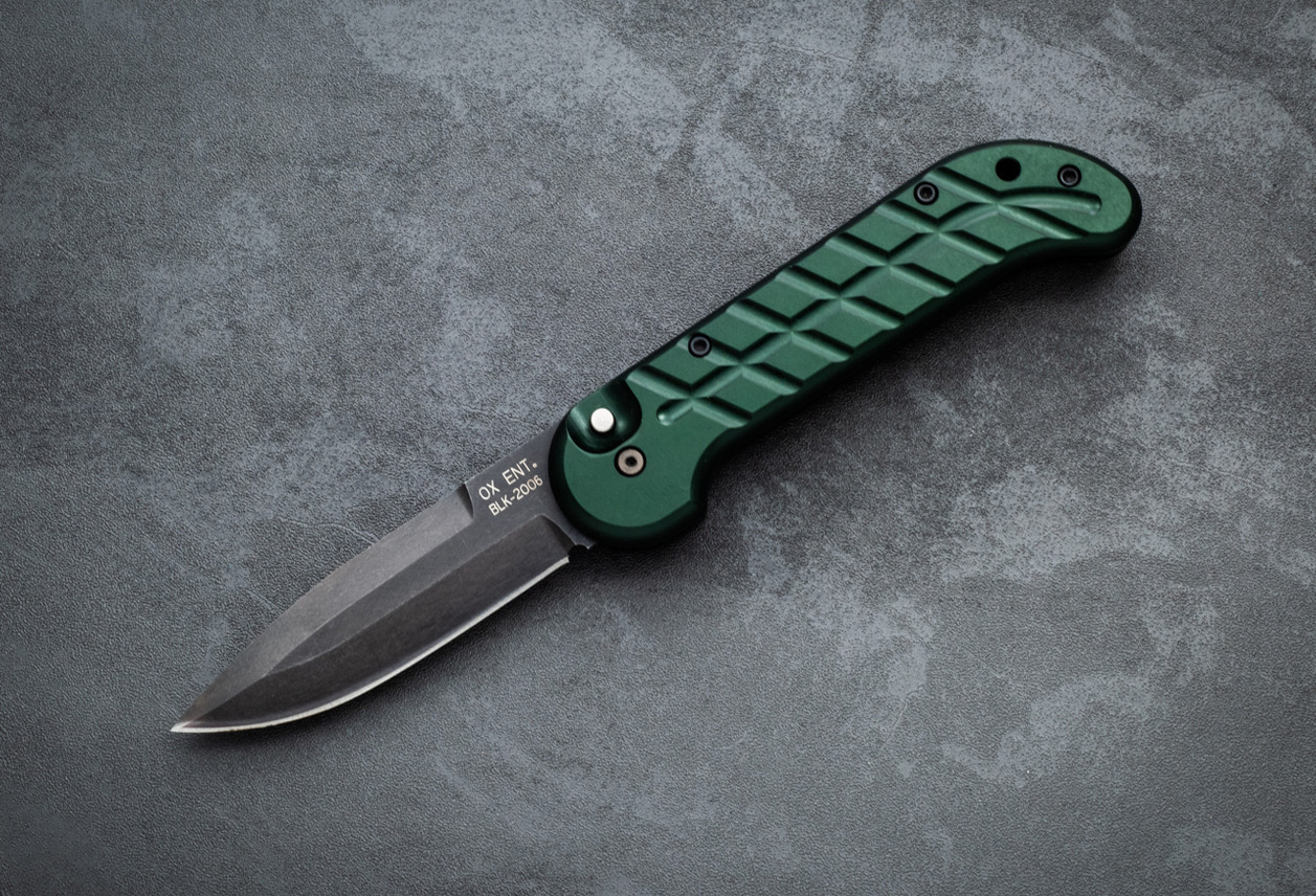 Charles Ochs The Original Black Automatic Knife 1 of 40 Black Blade w/ Green Aluminum Handle