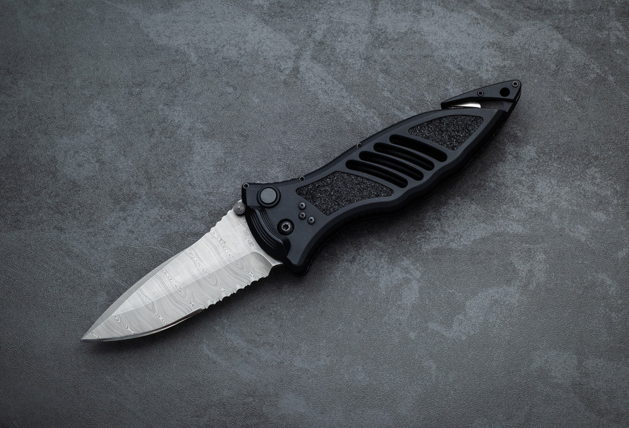 Masters of Defense Dieter CQD Mark I Automatic Knife Devin Thomas Damascus Blade Partially Serrated w/ Black Handle