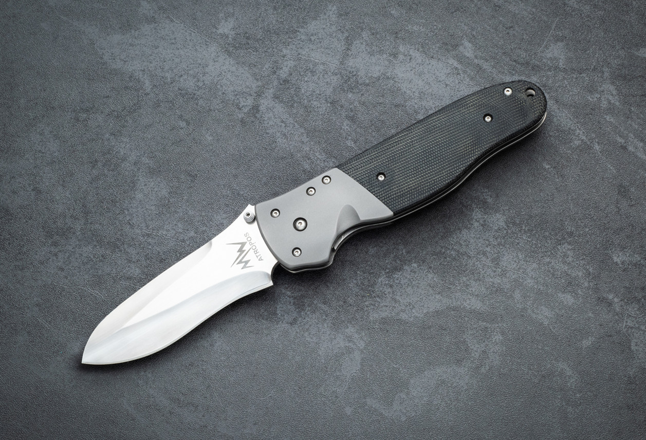 MercWorx Knives Atropos Folder Hand Rubbed Satin Blade w/ Bead Blasd Titanium Bolsters and Green Micarta Handle