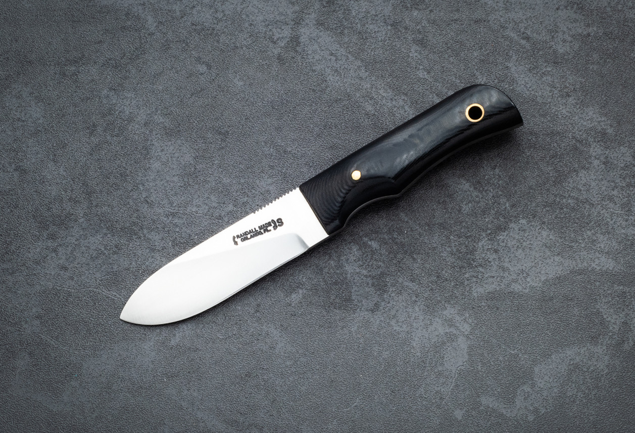 Randall Made Knives Model 10-3 Salt Fisherman and Household Utility Fixed Blade Stainless Steel Polished Blade w/ Black Micarta Handle and Leather Sheath