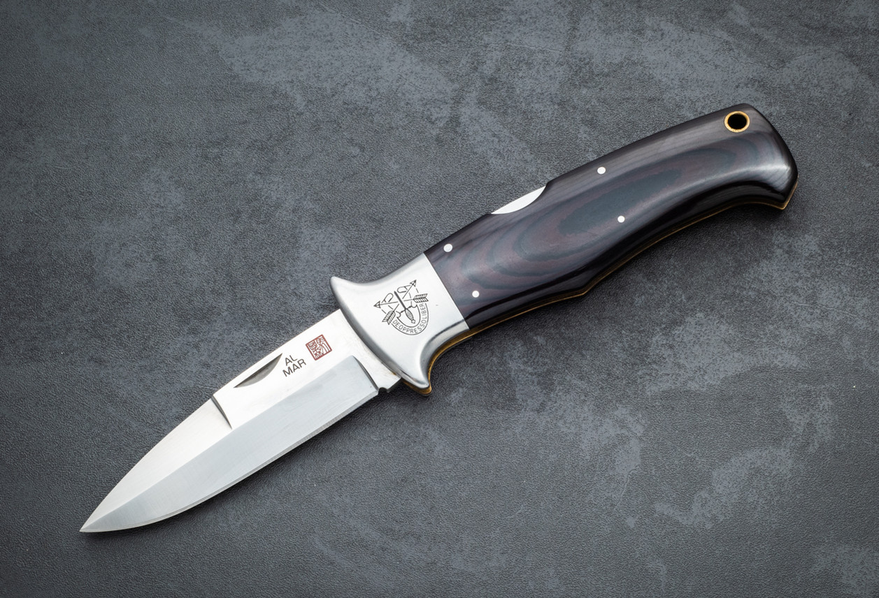 Al Mar Knives SERE Attack Large Folding Pocket Knife Satin Blade w/ Stainless Bolsters Special Forces Emblem Black / Maroon Micarta Handles and Leather Pouch
