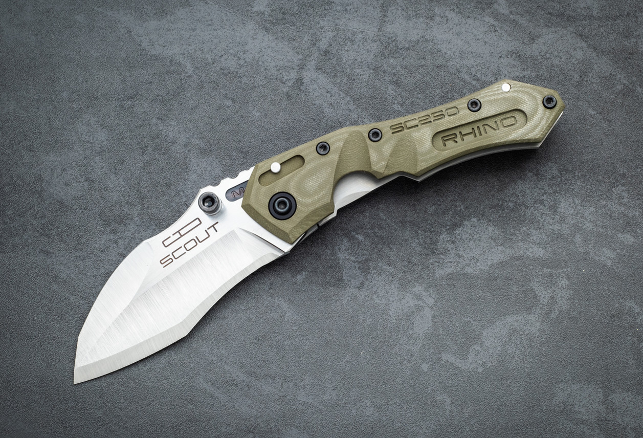 Dwaine Carrillo Custom Knives M250 Iron Rhino Scout Satin Blade w/ Titanium Frame Lock and Green G-10 Handle