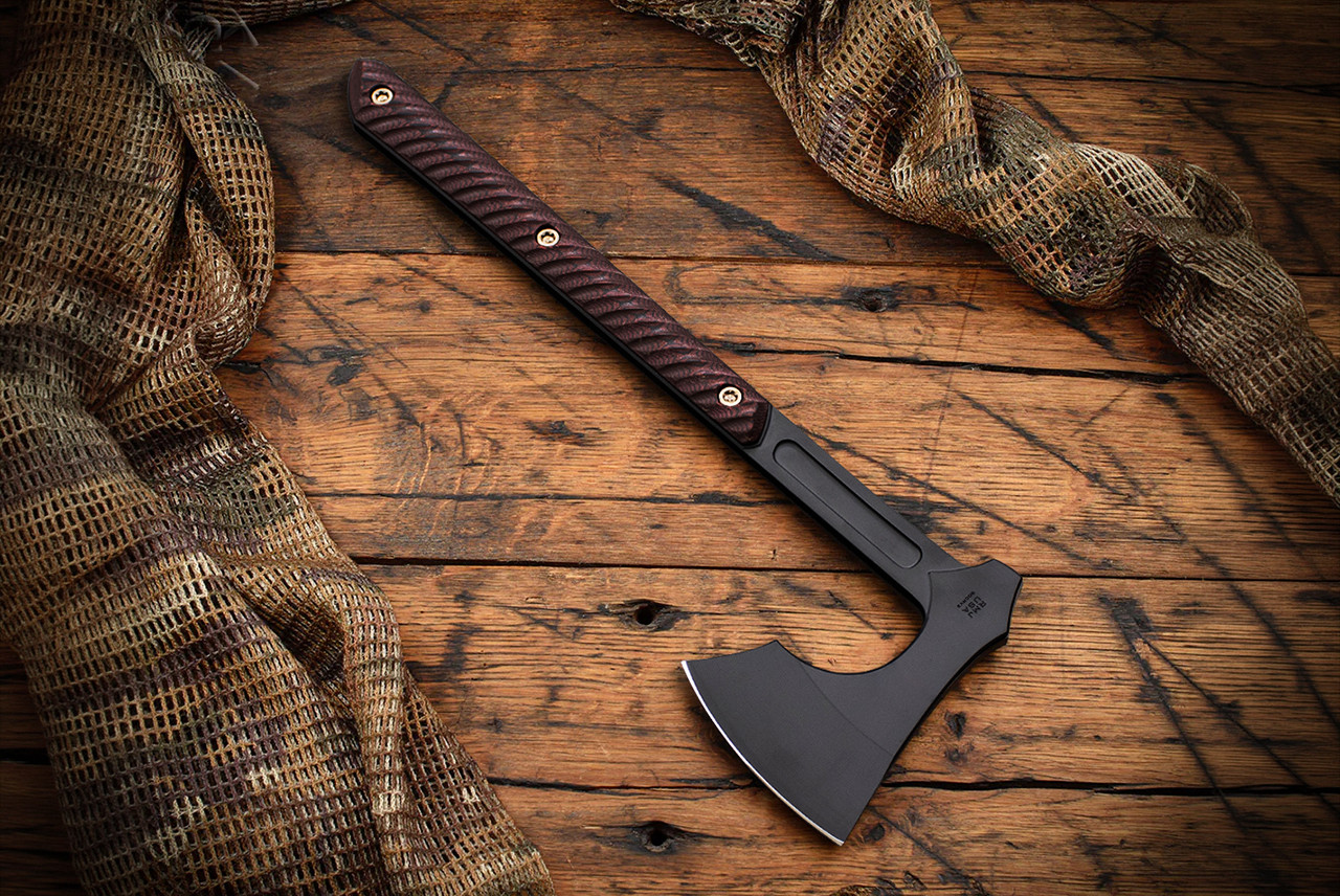 RMJ Tactical Raven Axe Black Cerakote Finish w/ Black / Cherry G-10 Handles and Sheath
