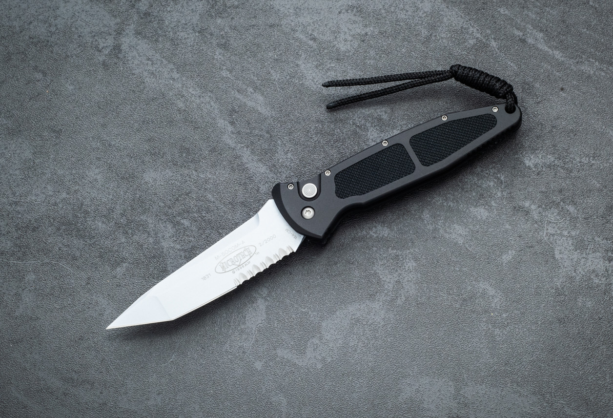 Microtech Knives Mini Socom Signature Series Automatic Knife Silver Partially Serrated Blade w/ Black Aluminum Handle - 02/2000