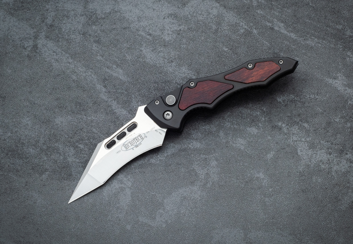 Microtech Knives Vector Automatic Knife Satin Blade w/ Black Aluminum Handle and Wood Inlay - 04/2002