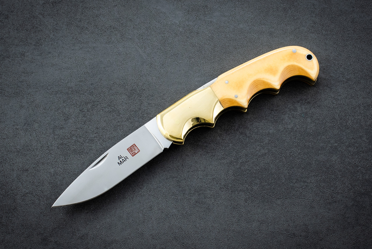 Al Mar Knives Buzzard 1006 Folding Pocket Knife Mirror Polished Blade Brass Bolsters w/ Micarta Handles and Leather Sheath/Box