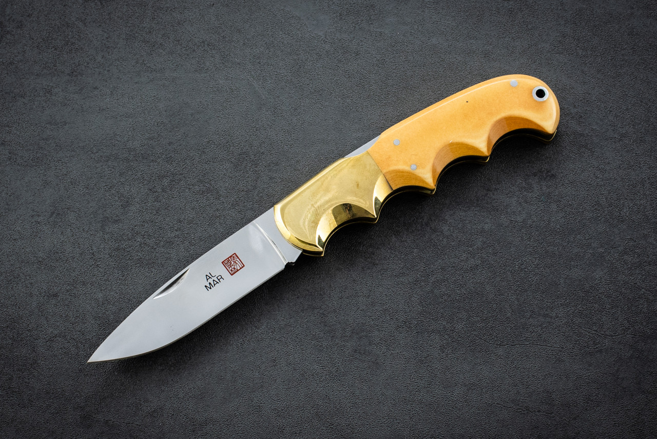 Al Mar Knives Buzzard 1006 Folding Pocket Knife Mirror Polished Blade Brass Bolsters w/ Micarta Handles and Leather Sheath/Box