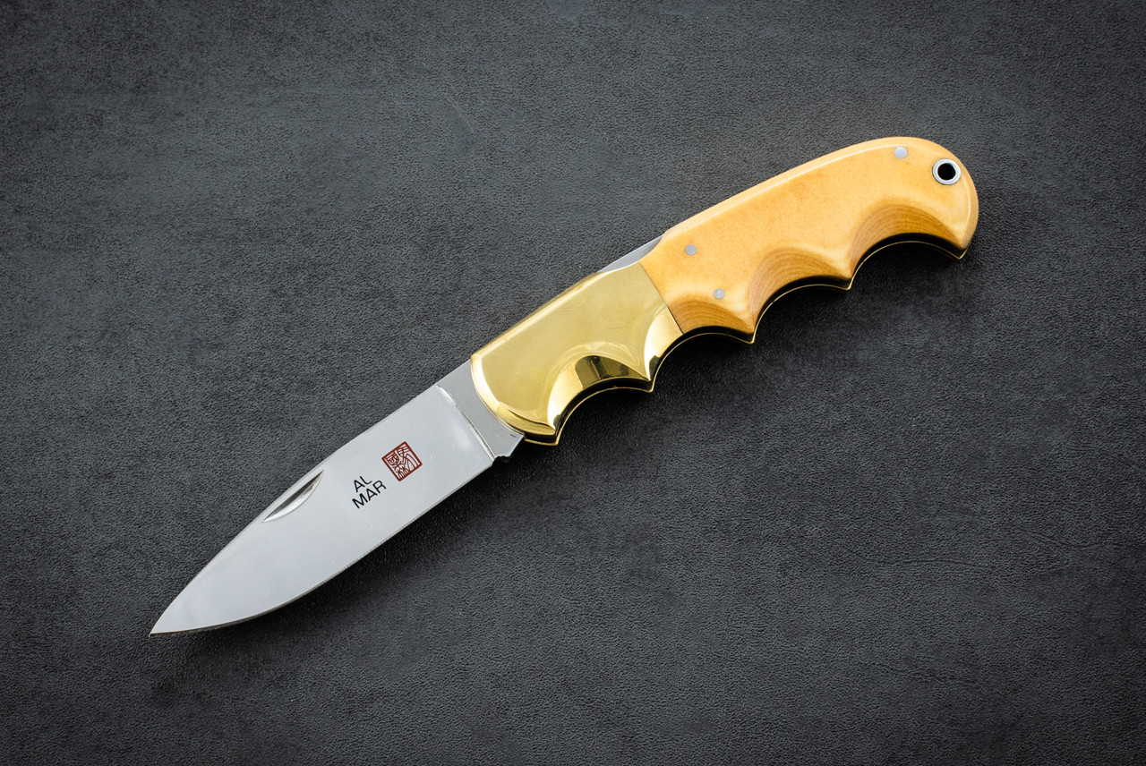 Al Mar Knives Buzzard 1006 Folding Pocket Knife Mirror Polished Blade Brass Bolsters w/ Micarta Handles and Leather Sheath/Box