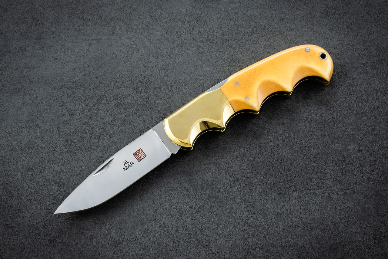 Al Mar Knives Buzzard 1006 Folding Pocket Knife Mirror Polished Blade Brass Bolsters w/ Micarta Handles and Leather Sheath/Box