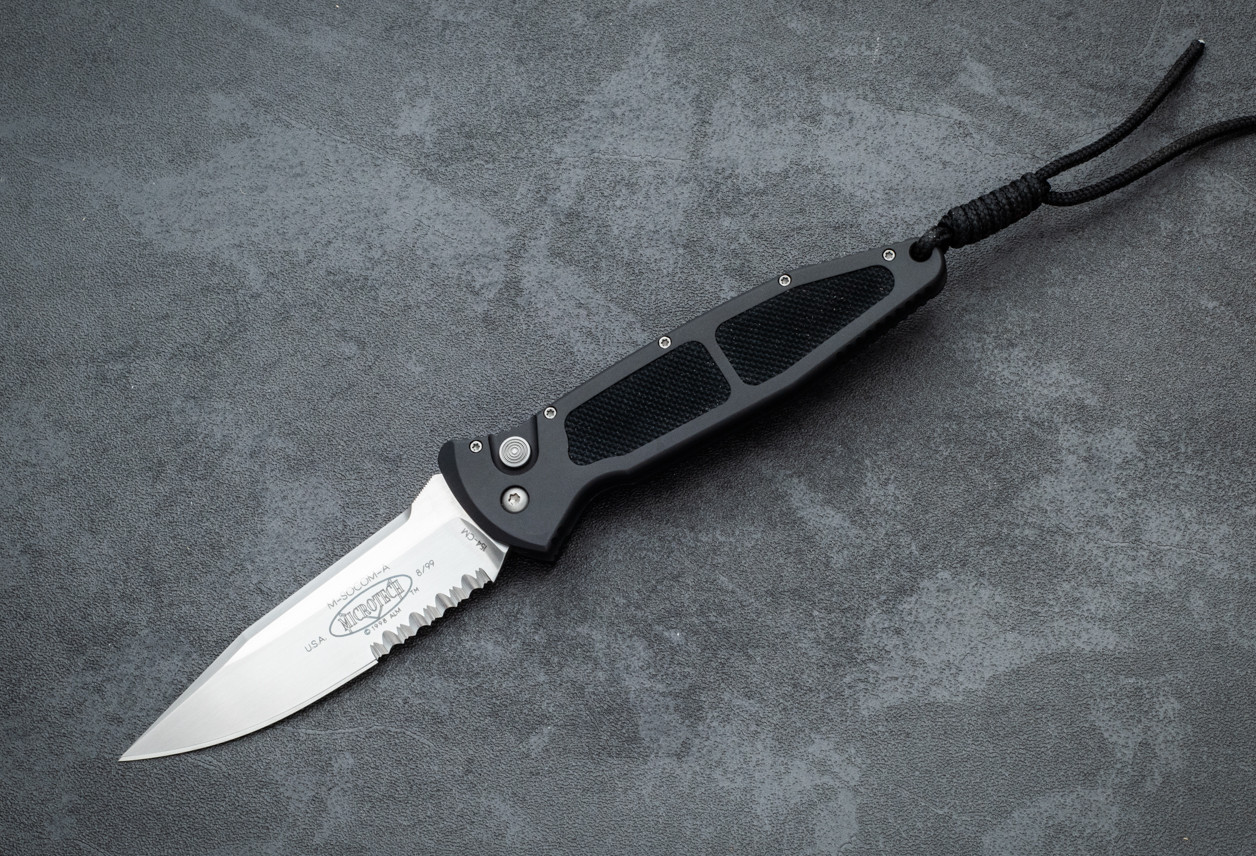 Microtech Knives Mini Socom Automatic Knife Satin Partially Serrated Blade w/ Black Aluminum Handle - 08/1999