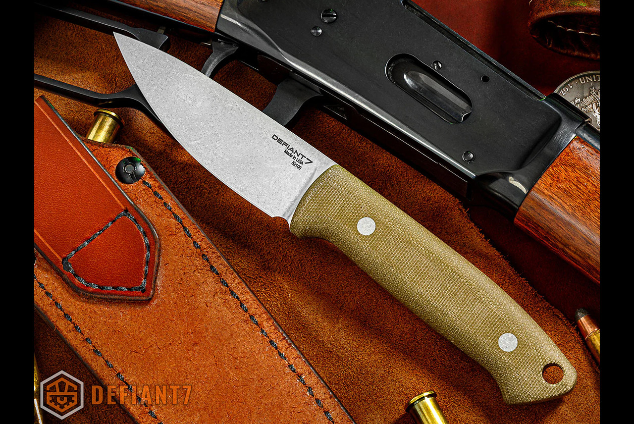 Defiant 7 Les George Ankar Belt Knife Stonewashed Blade w/ Green Micarta Handle and Leather Sheath
