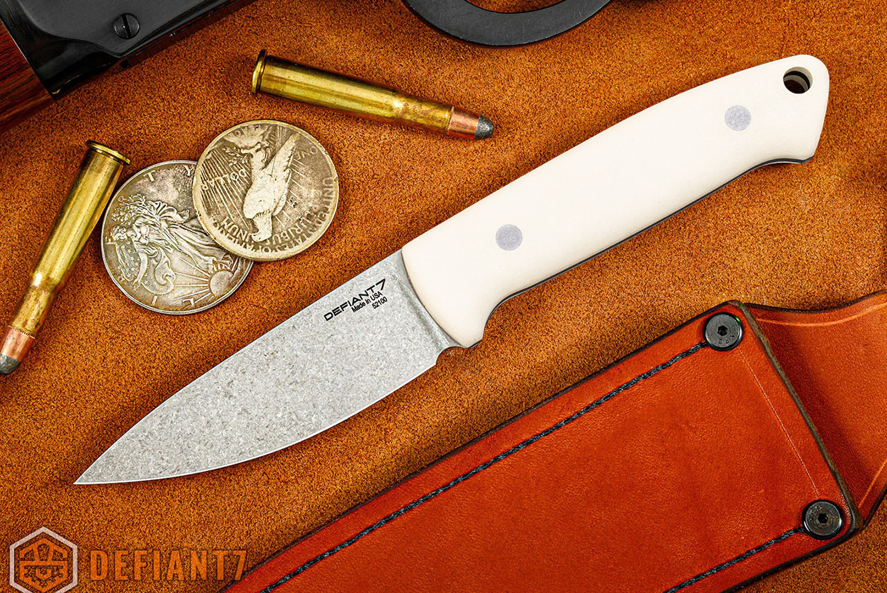 Defiant 7 Les George Ankar Belt Knife Blade Show AT '26 Special Run Stonewashed Blade w/ White Micarta Handle and Leather Sheath