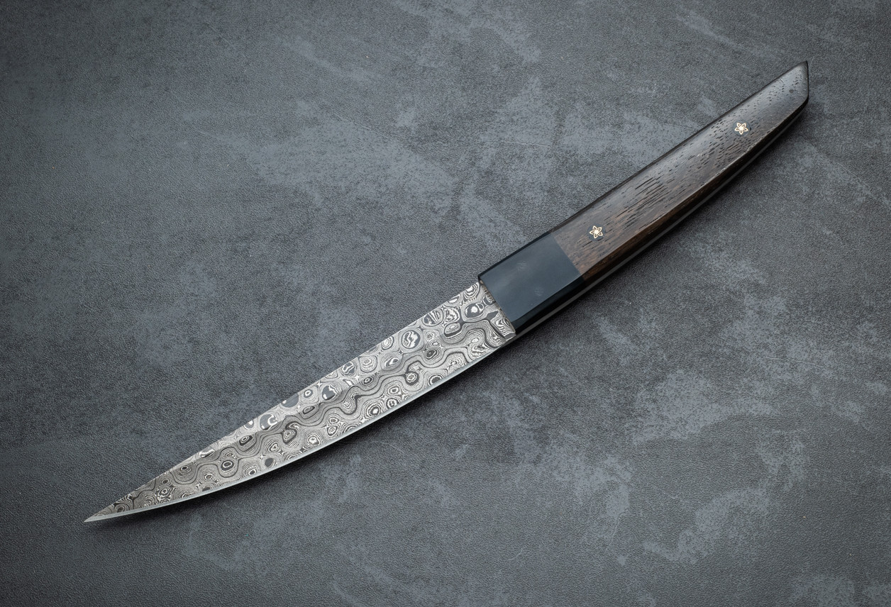 Jerry Hossom Knives Custom Tanto Fixed Blade Damascus w/ Wood Handles
