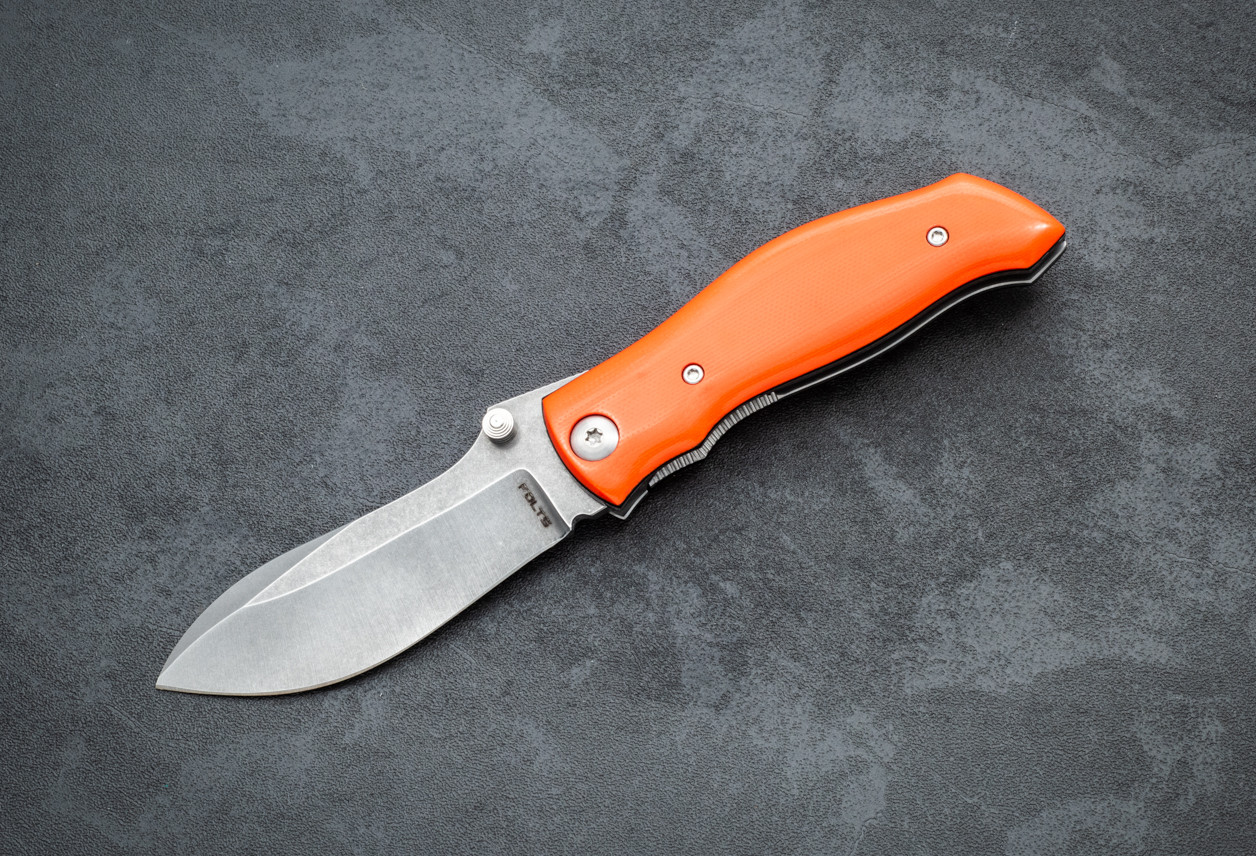 Alan Folts Folding Knife Tumbled Blade w/ Orange G-10 Handles 