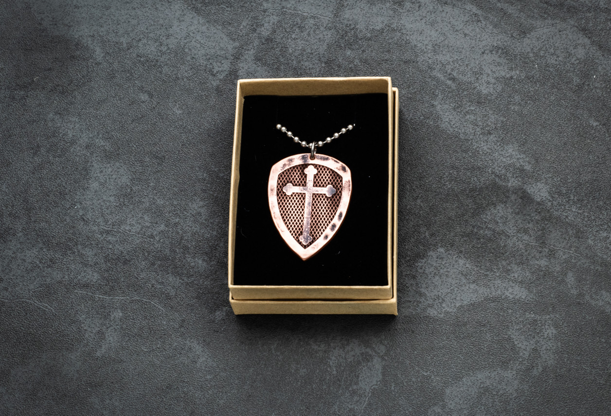 RMJ Tactical Gold Point Forge Antique Patina Copper Shield Pendant - My Shield In Whom I Take Refuge