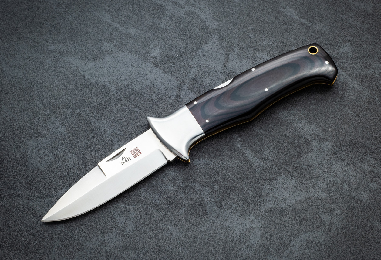 Al Mar Knives SERE Attack Large Folding Pocket Knife Satin Blade w/ Stainless Bolsters Black / Maroon Micarta Handles and Pouch