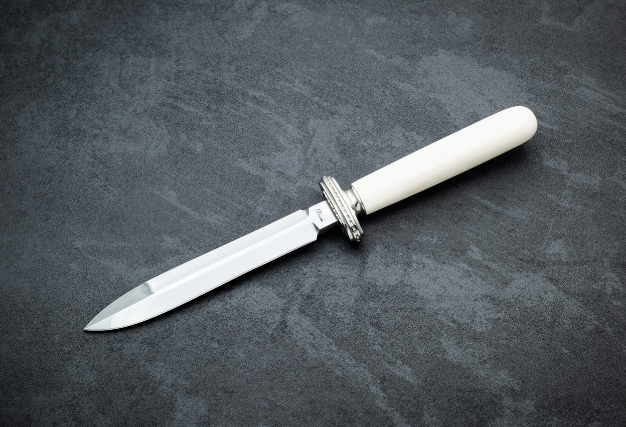 D'Alton Holder Custom Boot Knife Dagger Polished Bade w/ White Handle and Leather Sheath