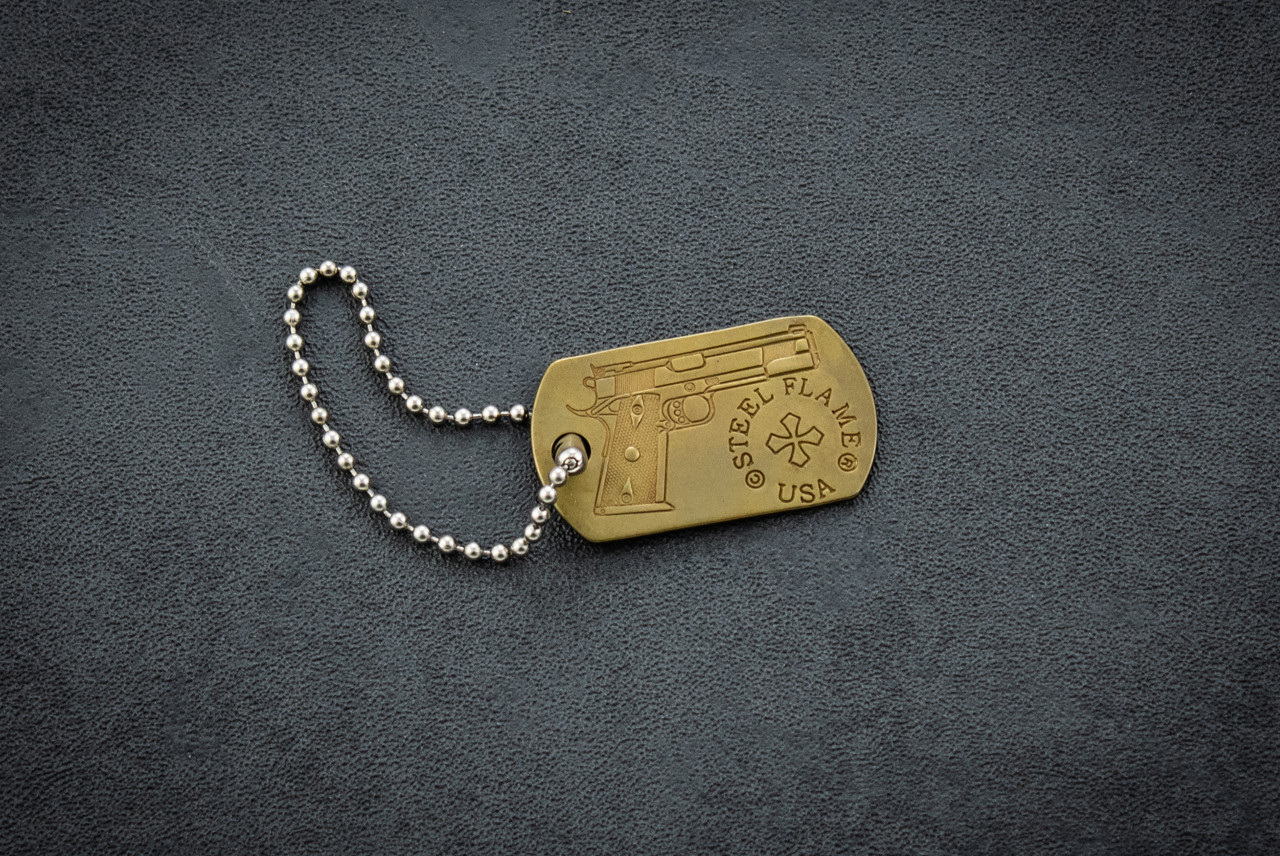 Steel Flame 1911 Brass Dog Tag In Vintage Gunmetal Finish