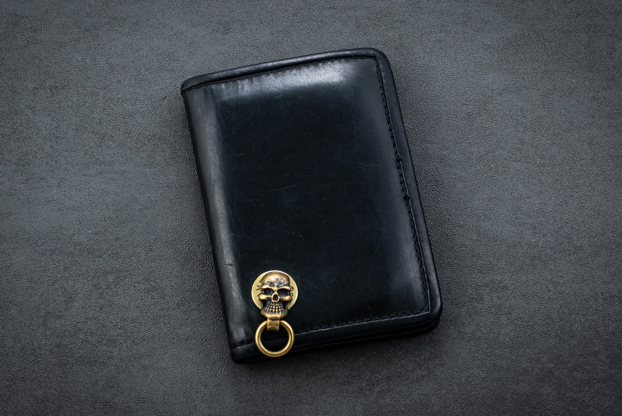 Steel Flame Black Leather Wallet w/ Skull