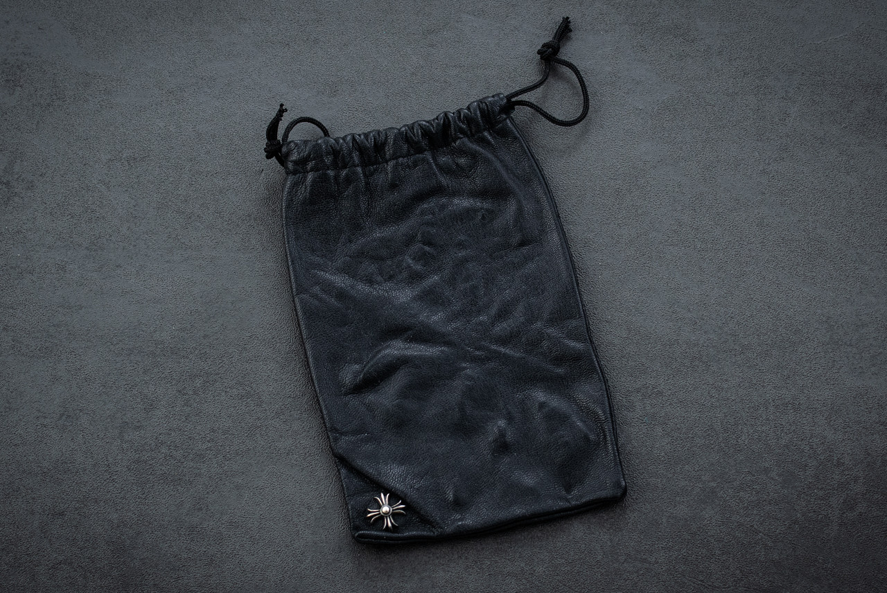 Steel Flame Black Leather Pouch w/ Sterling Silver Hearts Cross