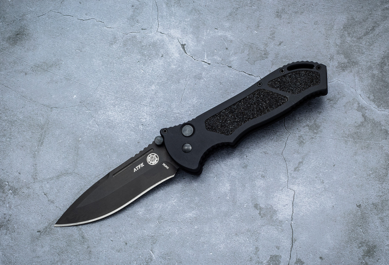 Masters of Defense ATFK Button Lock Knife Black Blade w/ Black Aluminum Handles
