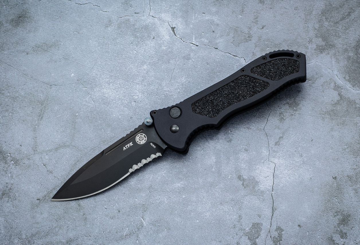 Masters of Defense ATFK Button Lock Knife Black Blade Partially Serrated w/ Black Aluminum Handles