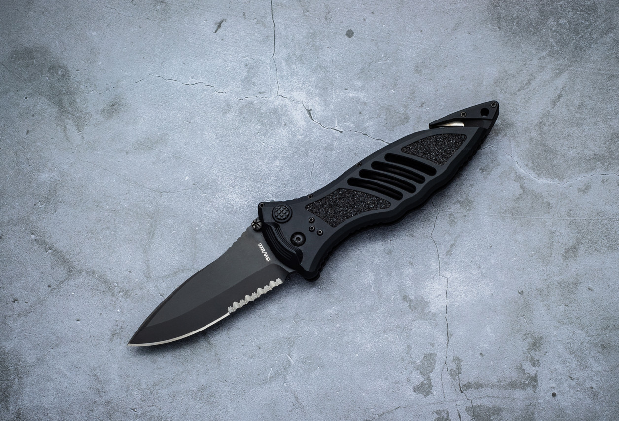 Masters of Defense Dieter CQD Mark I Limited Edition Button Lock Knife Black Blade Partially Serrated w/ Black Aluminum Handles and Sheath - 70-4LE