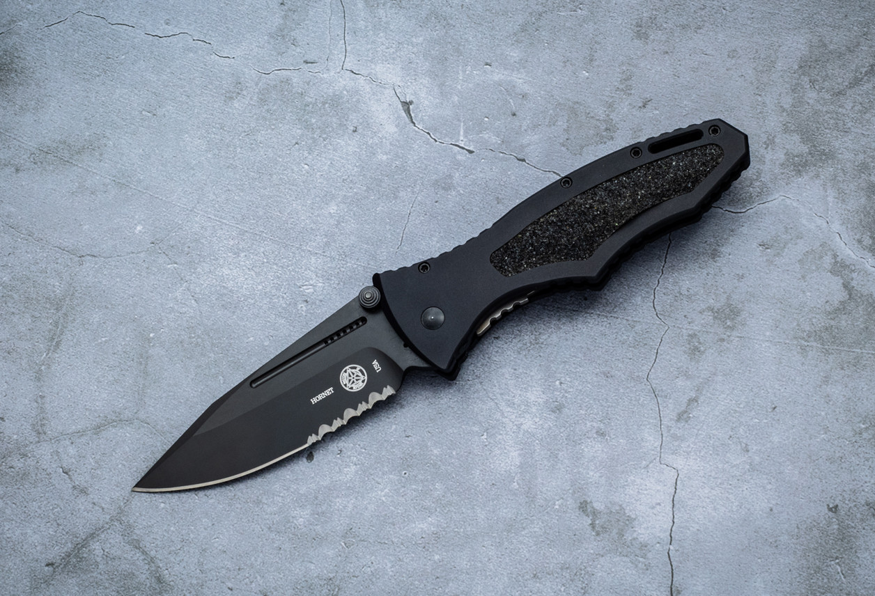 Masters of Defense James Keating Hornet Button Lock Knife Black Blade Partially Serrated w/ Black Aluminum Handles -30-4
