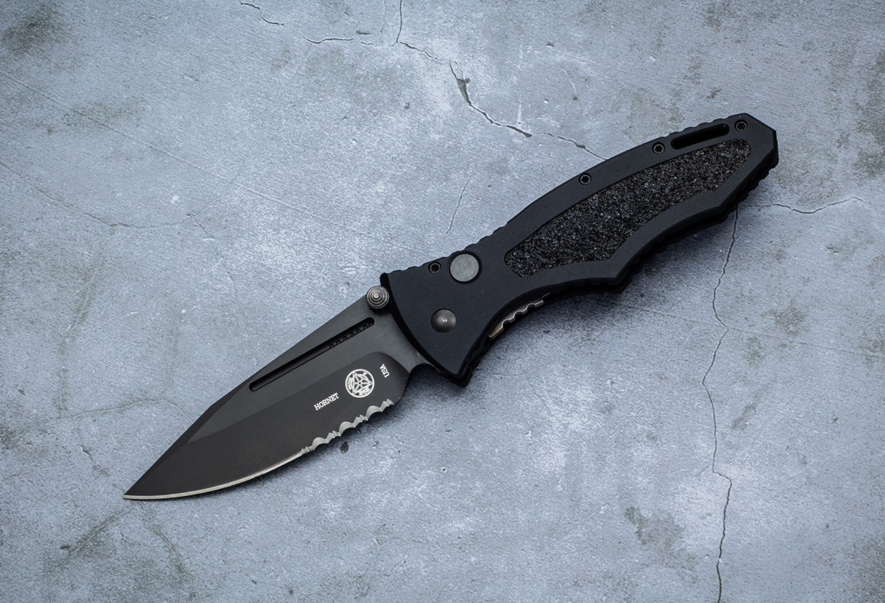 Masters of Defense James Keating Hornet Automatic Knife Black Blade Partially Serrated w/ Black Aluminum Handles - 30-8