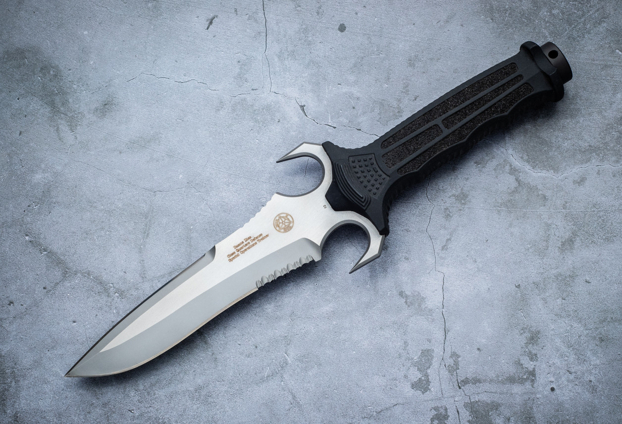Masters of Defense Dieter CQD Mark V #2 Fixed Blade Knife Bead Blast Partially Serrated w/ Black Handles and Sheath - 90-22