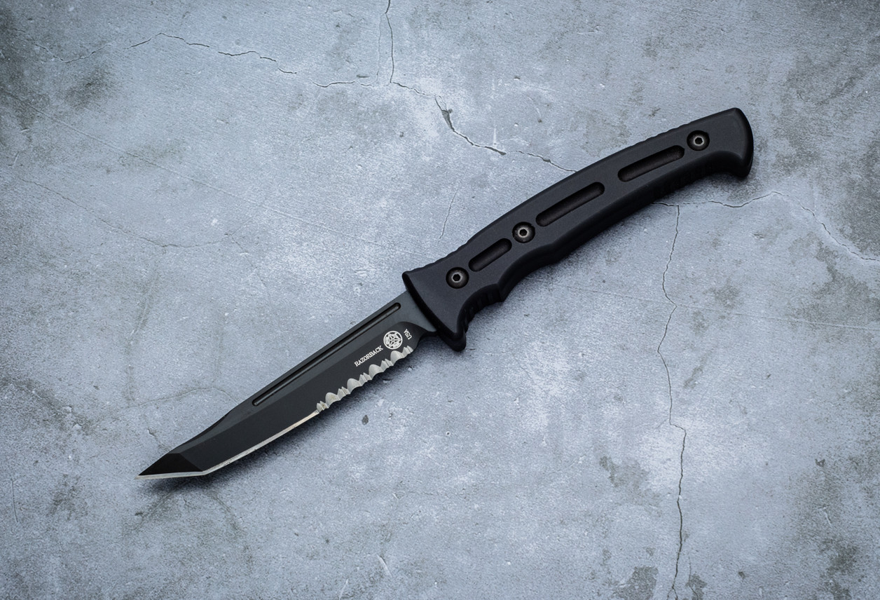 Masters of Defense Ayoob Razorback #2 Fixed Blade Knife Black Partially Serrated w/ Black Aluminum Handles and Sheath - 50-4