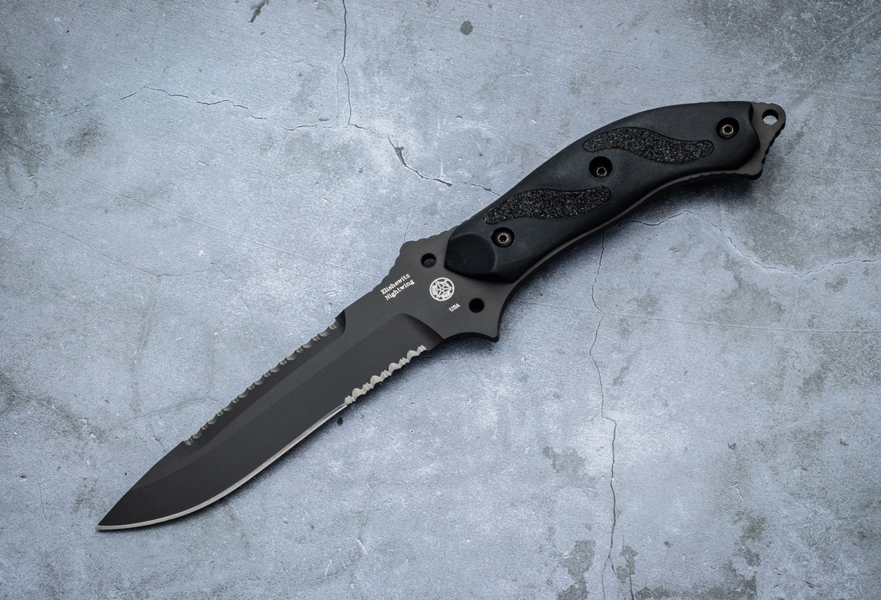 Masters of Defense Elishewitz Nightwing Fixed Blade Knife Black Partially Serrated w/ Black FRN Handles and Sheath - 85-4