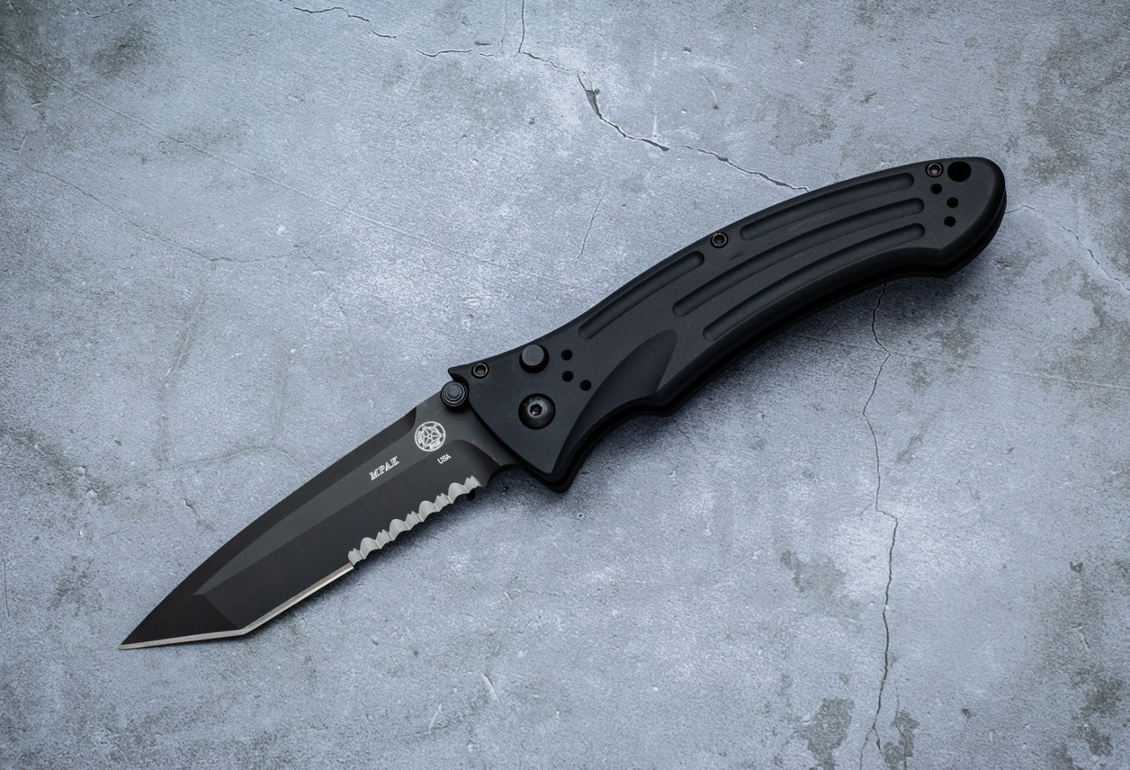 Masters of Defense MPAK Automatic Knife Tanto Black Blade Partially Serrated w/ Black Aluminum Handles - 79-7