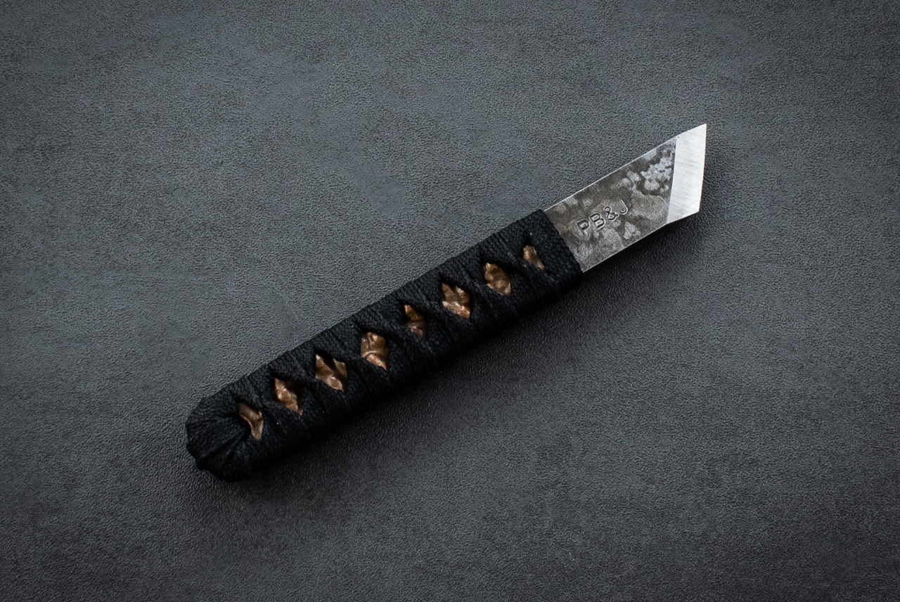 PBJ Handmade Knives Wide Kiridashi Fixed Blade w/ Black Cord Wrapped Handle Hammered Copper Inlay and sheath