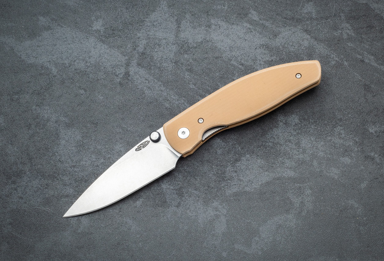 TRM ATOM Liner Lock Folding Knife MagnaCut 2-Part Tumbling Blade Finish w/ Flat Textured Coyote Brown G-10 Handles