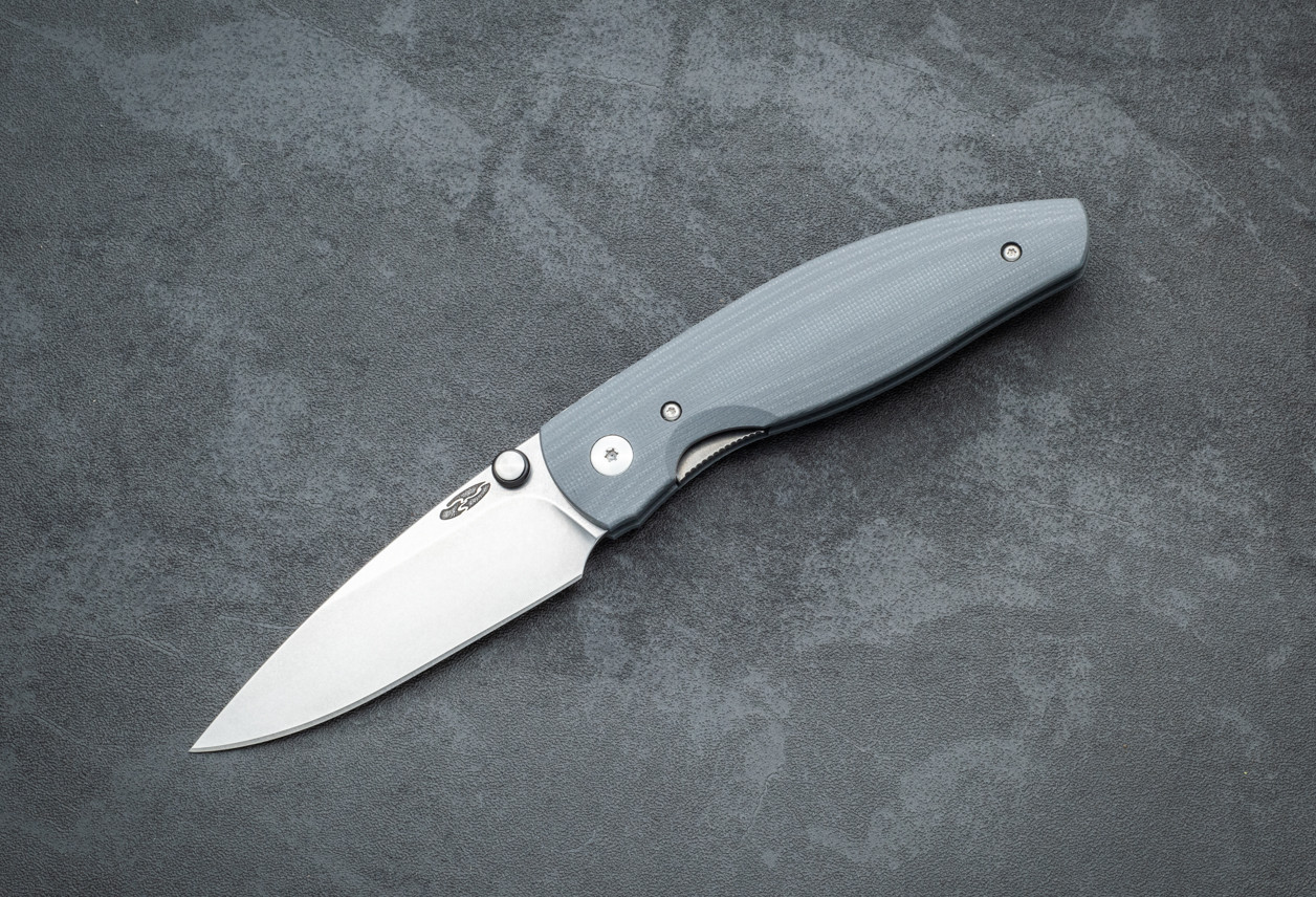 TRM ATOM Liner Lock Folding Knife MagnaCut 2-Part Tumbling Blade Finish w/ 3D Contoured Smooth Slate Gray G-10 Handles