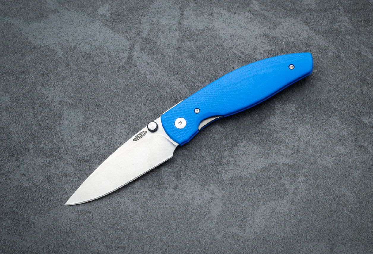 TRM ATOM Liner Lock Folding Knife MagnaCut 2-Part Tumbling Blade Finish w/ 3D Contoured Lizard Skin Royal Blue G-10 Handles