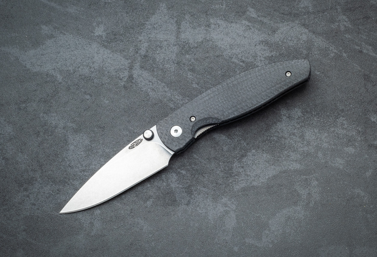 TRM ATOM Liner Lock Folding Knife MagnaCut 2-Part Tumbling Blade Finish w/ 3D Contoured Smooth Carbon Fiber Handles