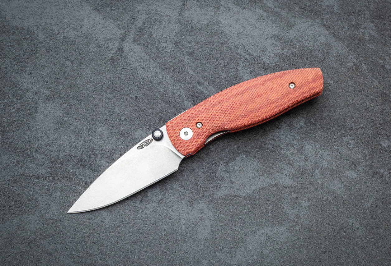 TRM Neutron 2 Liner Lock Folding Knife MagnaCut 2-Part Tumbling Blade Finish w/ 3D Contoured Lizard Skin Autumn Orange Micarta Handles