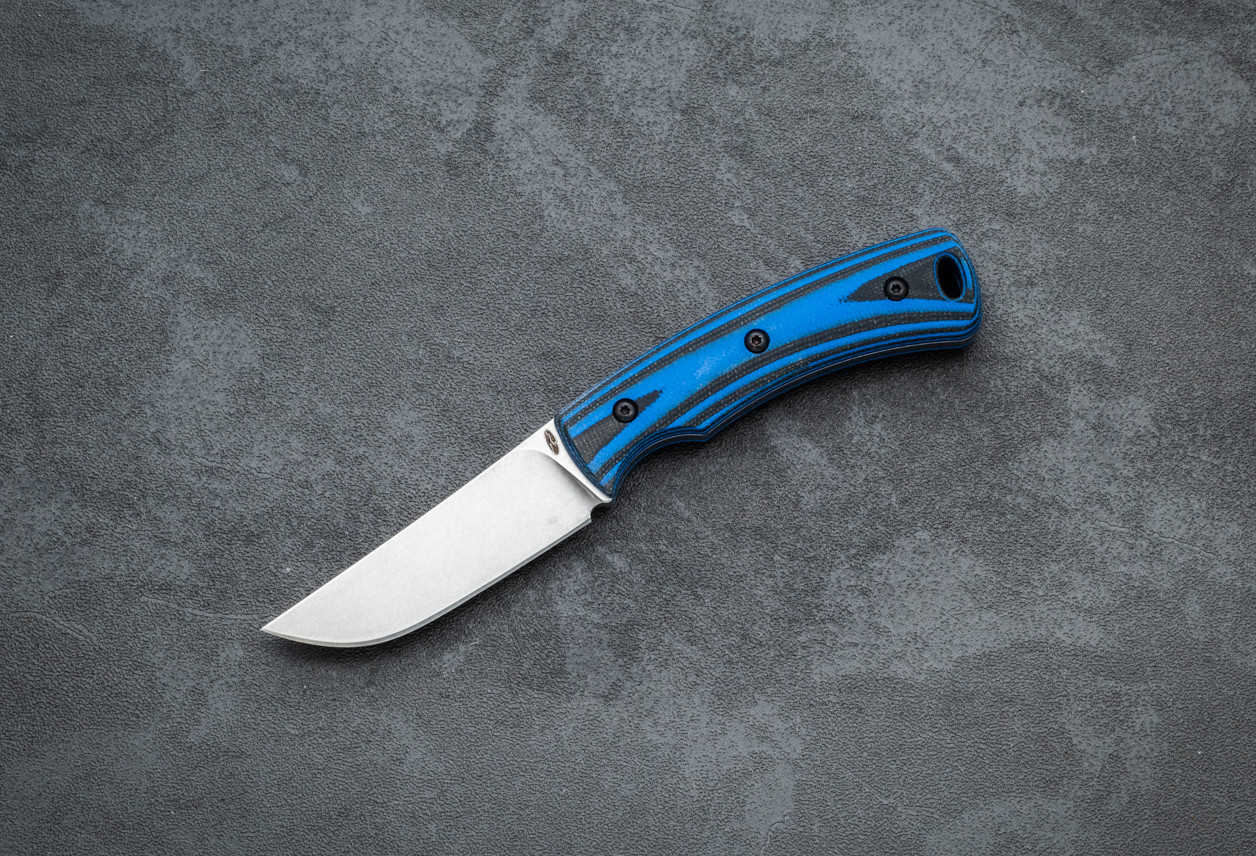 TRM Tagalong Fixed Blade Knife MagnaCut 2-Part Tumbling Blade Finish w/ Ocean Ripple G-10 Handles and Taco Leather Sheath
