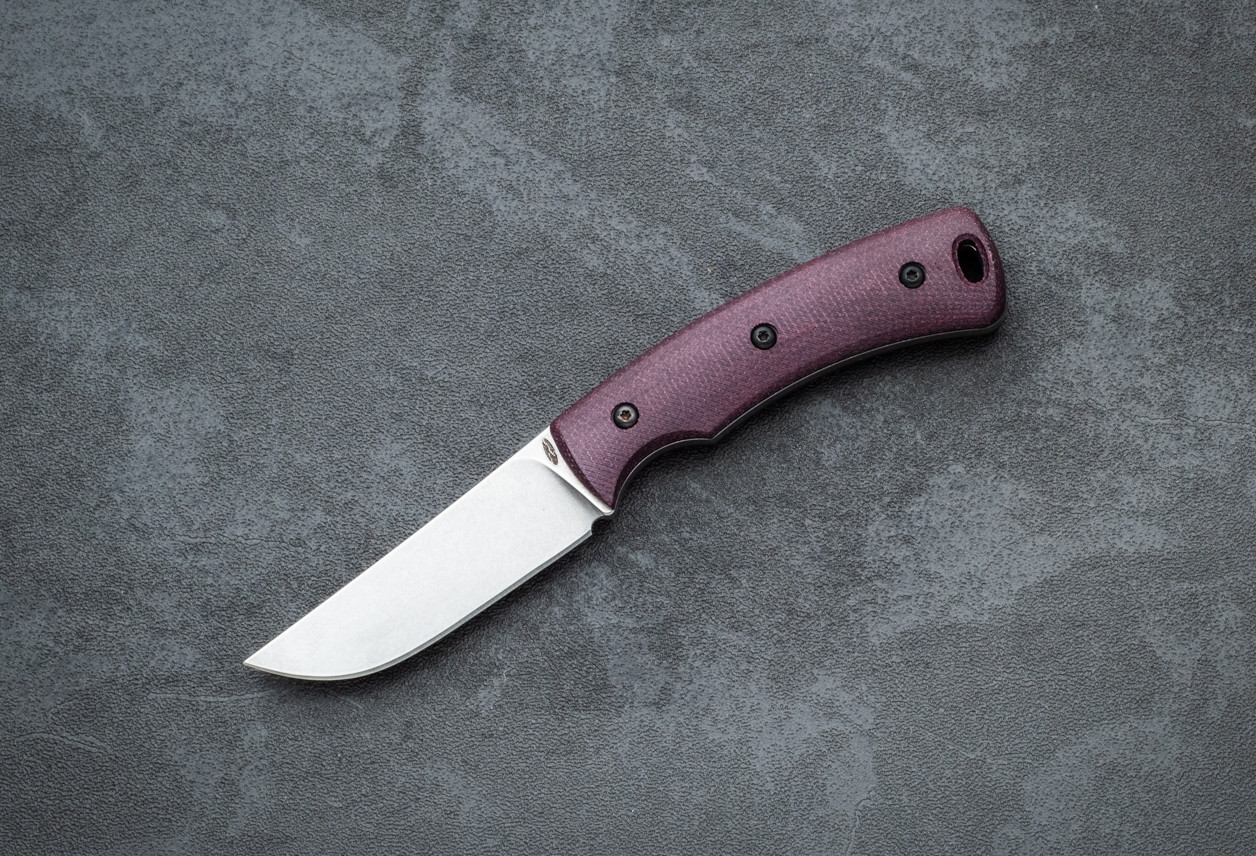 TRM Tagalong Fixed Blade Knife MagnaCut 2-Part Tumbling Blade Finish w/ Double Red Coral Micarta Handles and Taco Leather Sheath