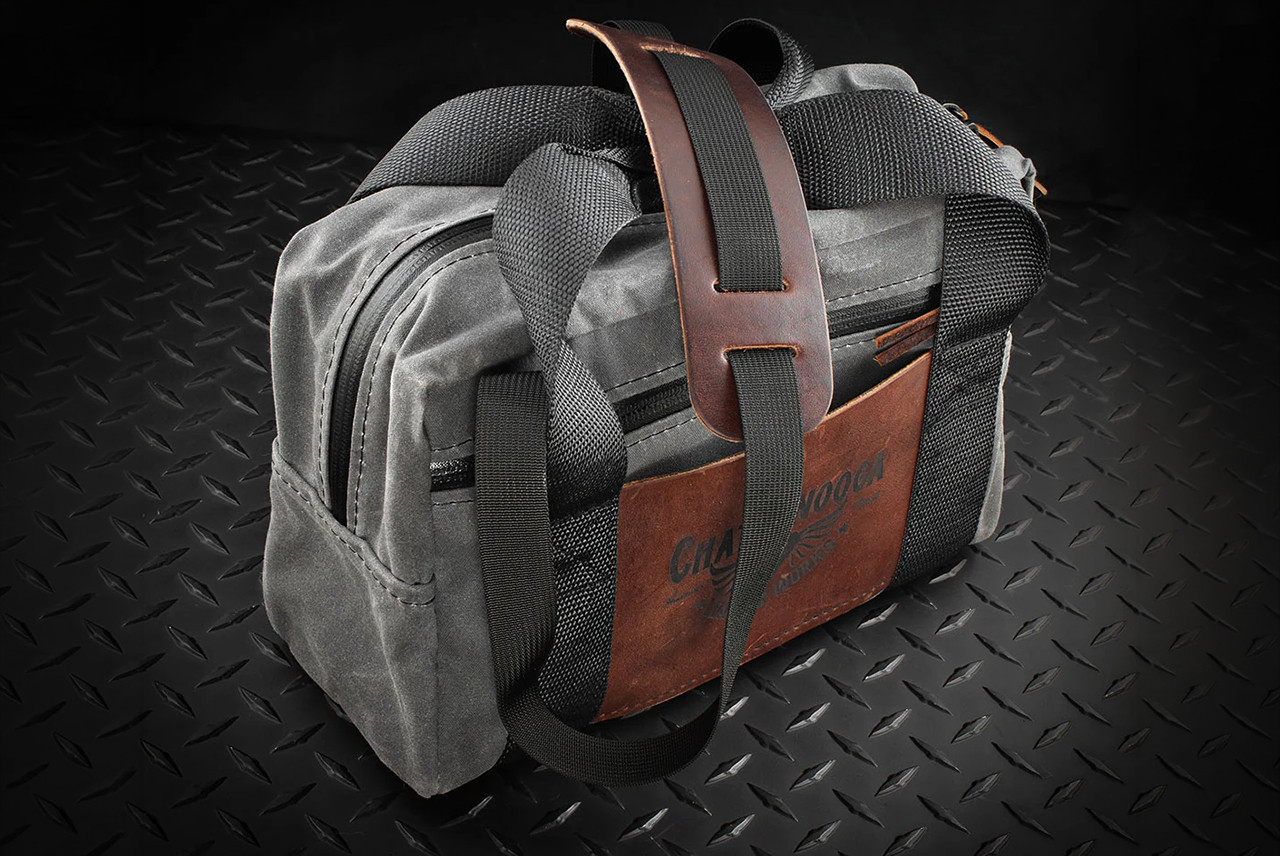 RMJ Tactical Mechanics Tool Bag Black Waxed Canvas w/ Gray Leather Strap Version