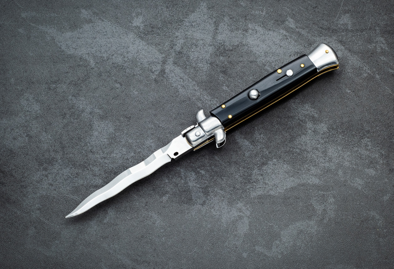 Frank Beltrame Knives 9" Italian Stiletto Automatic Kris Knife Polished Blade w/ Black Handle